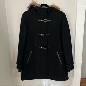 New Cole Haan Faux Fur Hooded Wool Blend Black Duffle Coat Women's Size 6